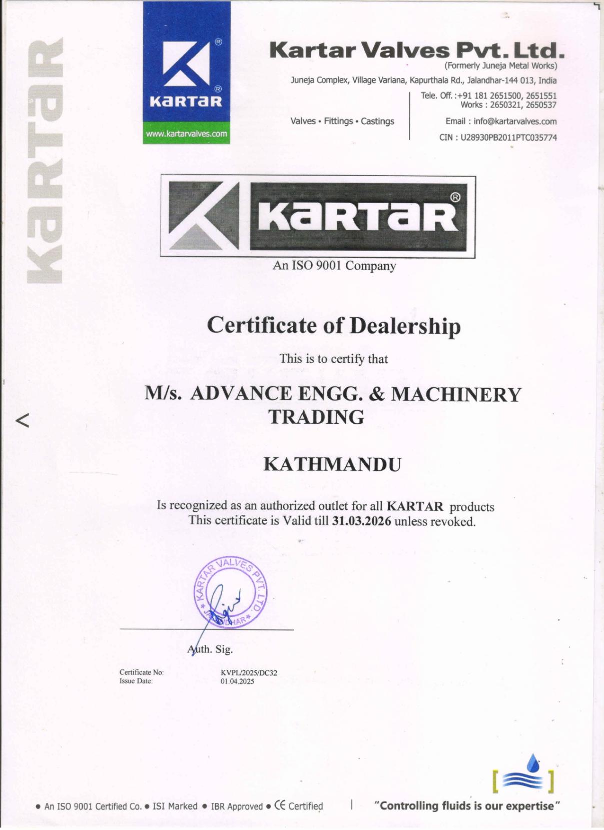 Kartar Valves certificate