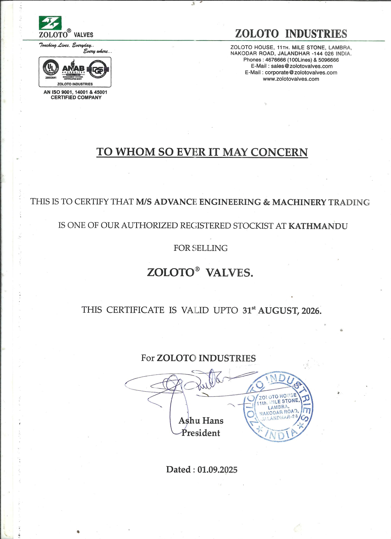 Zoloto Valves certificate